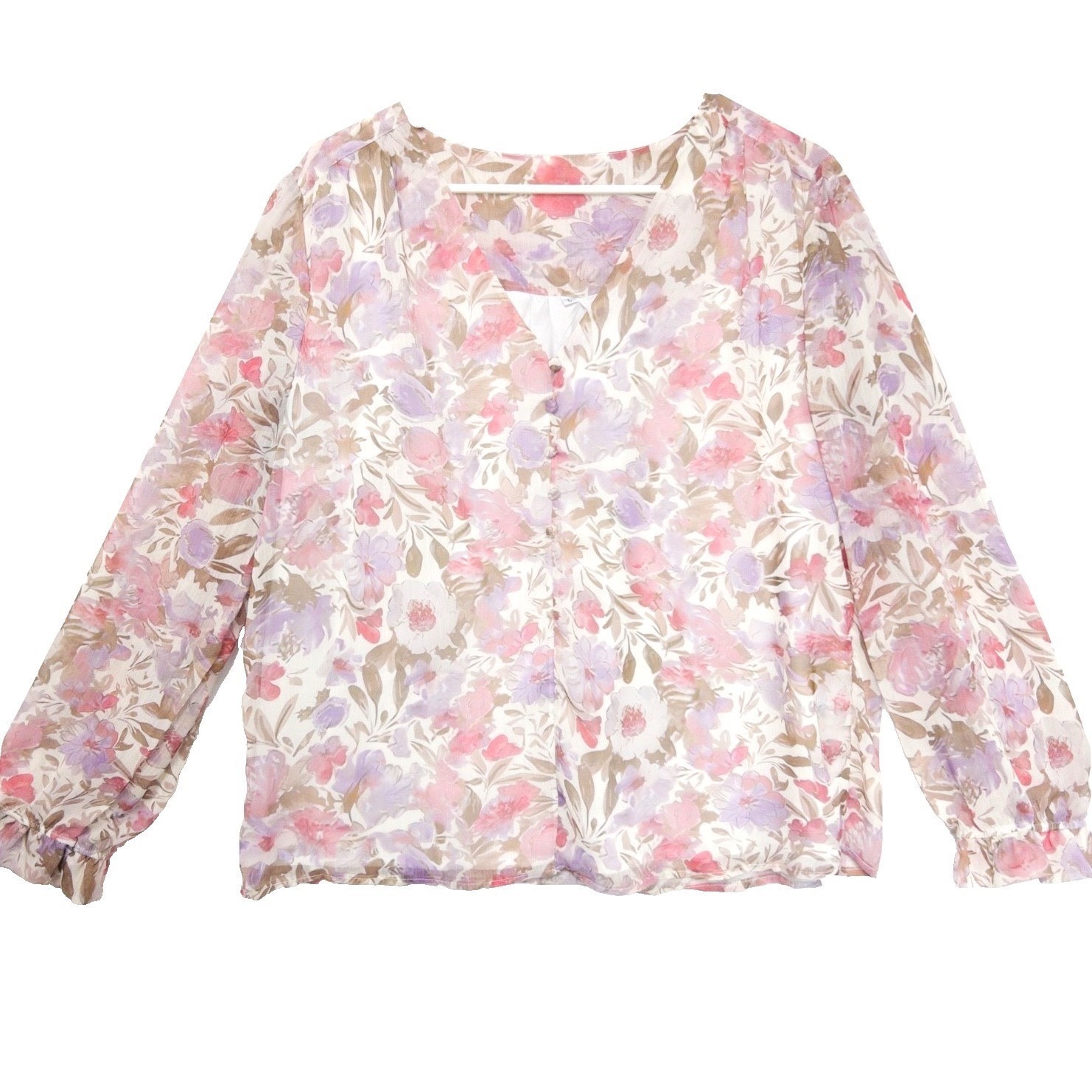 Designed In Italy Watercolor Blouse Sheer Romantic Pastel Luxury Top Women L Vtg
